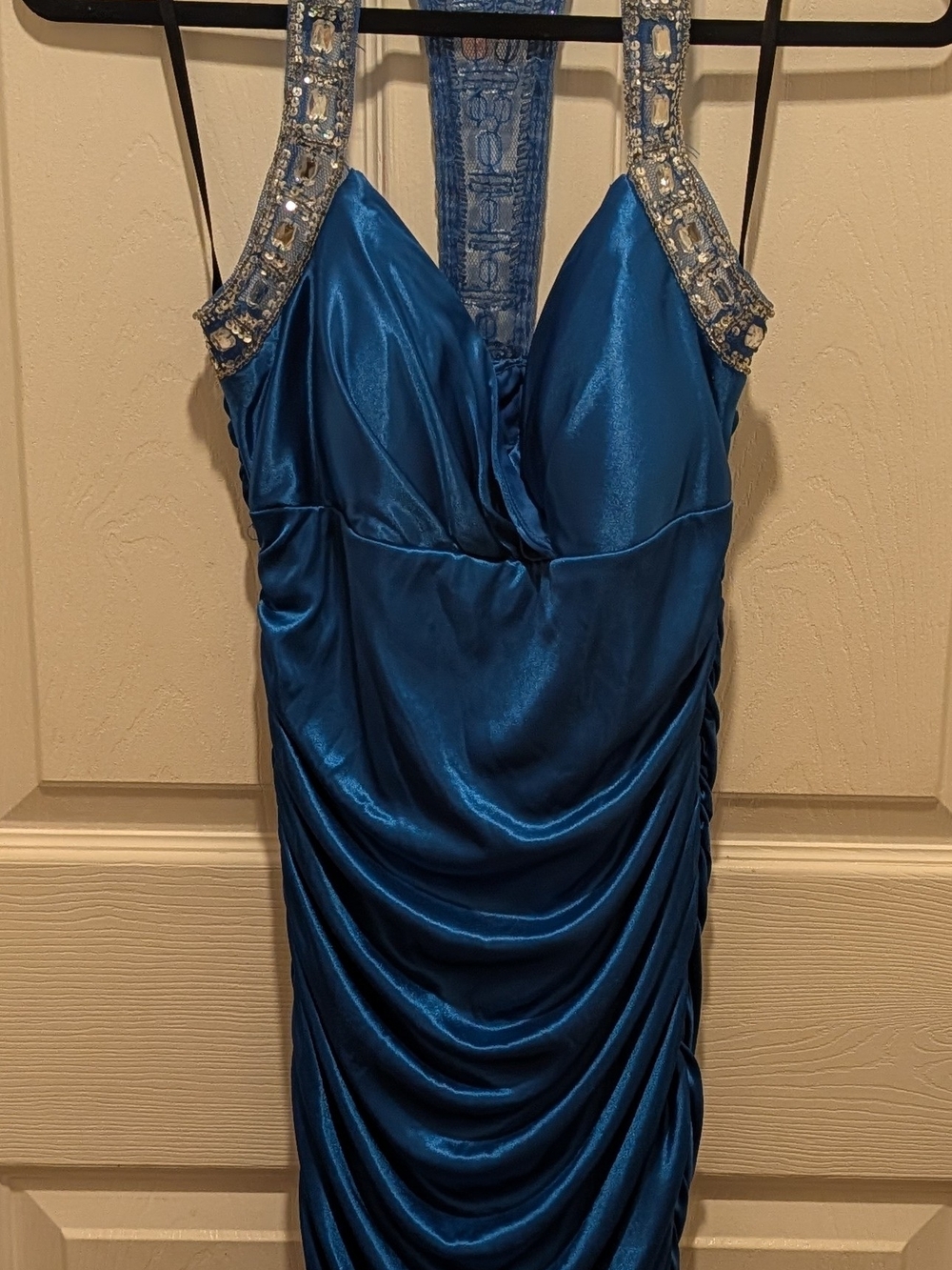 City Triangles Beaded Halter Satin Prom Dress in Blue